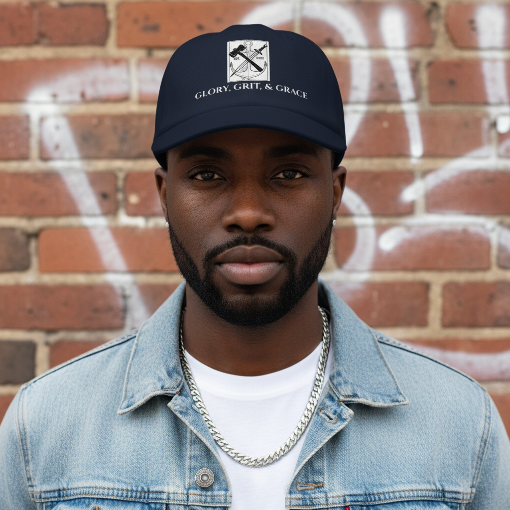 Navy hat - denim white tee chain