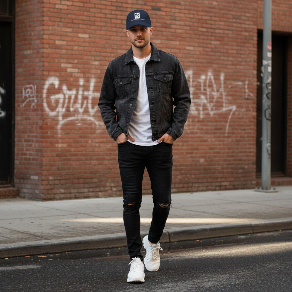 Navy hat - white male - confident walk with "Grit" graffiti