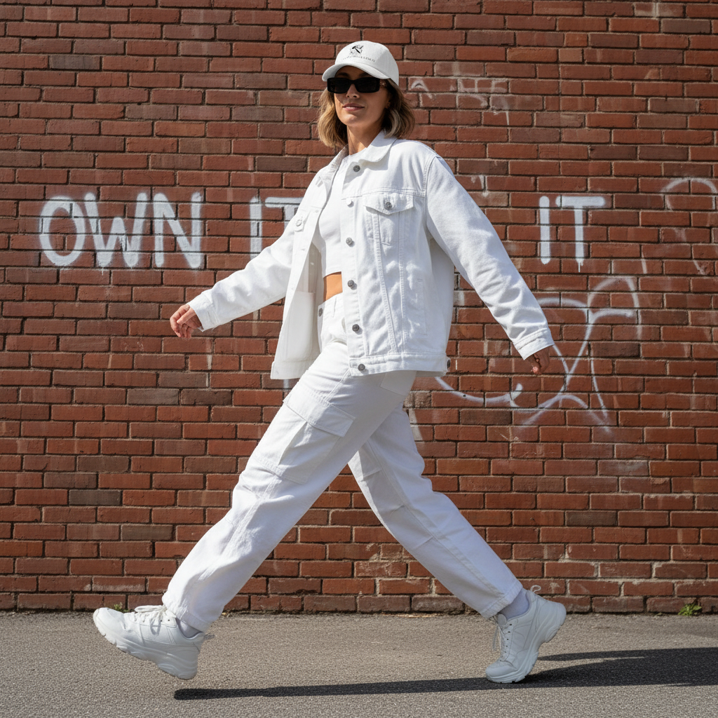 White woman all white - walking with "Own It"